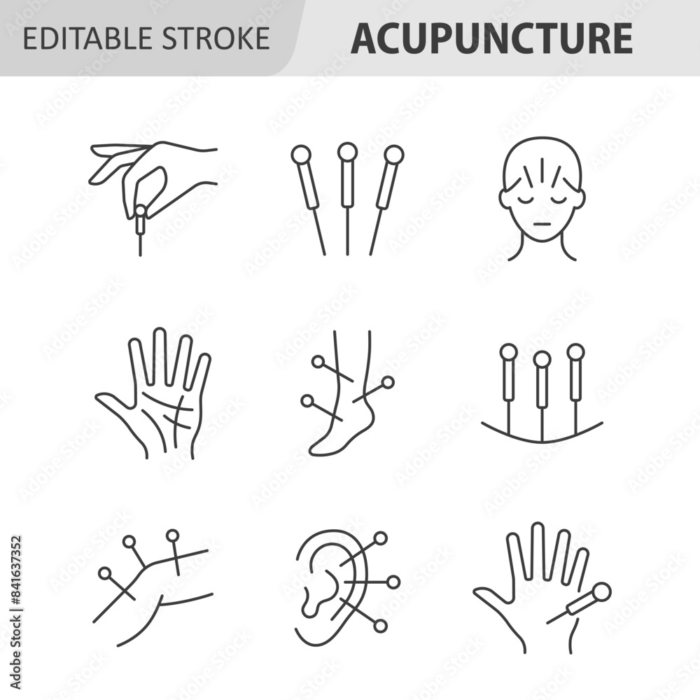 Acupuncture line icon set. Body therapy vector collection. Editable stroke. Acupuncture line icon set. Body therapy vector collection. Editable stroke.