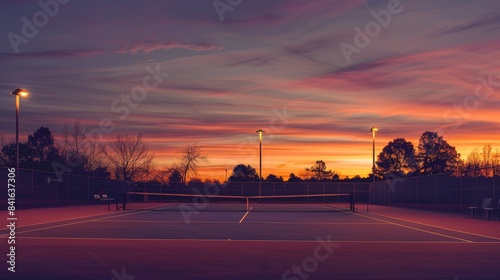 Serene Sunset Over an Empty Olympic Tennis Court with Vibrant Orange and Purple Sky