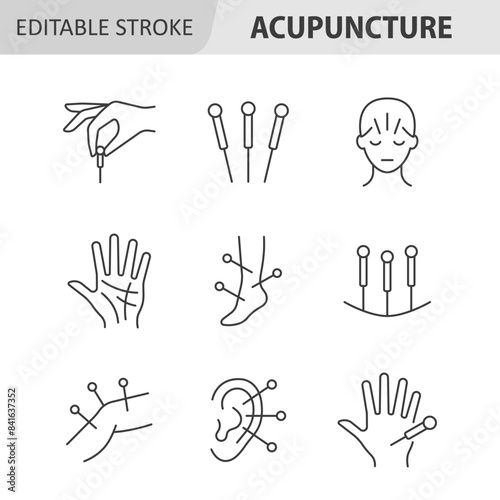 Acupuncture line icon set. Body therapy vector collection. Editable stroke.