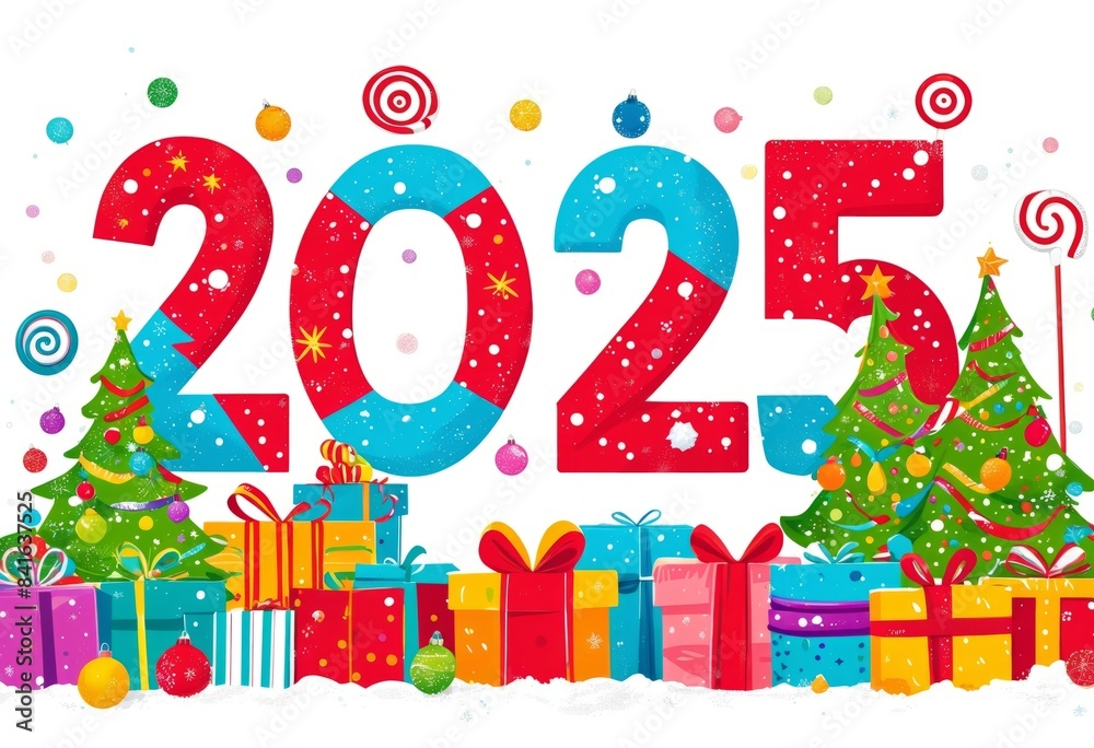 Fototapeta premium colorful illustration of the number 2025, surrounded by various Christmas trees, gifts and lollipops on white background, reflects the concept of celebrating the New Year.