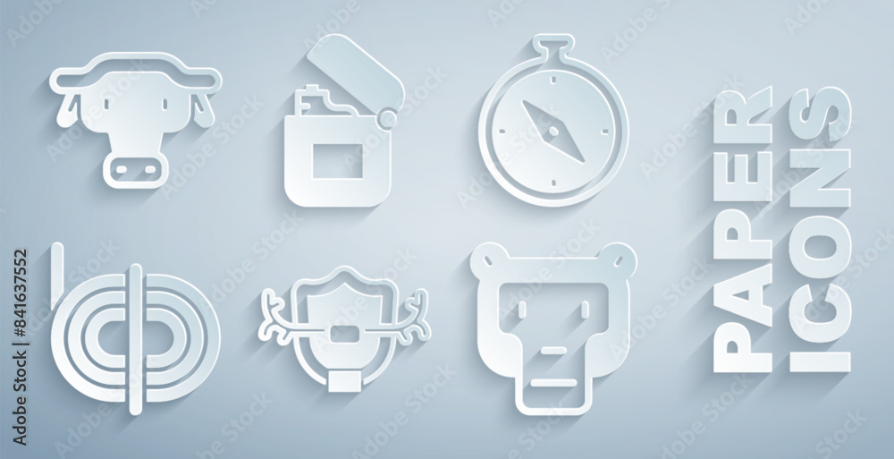 Set Deer antlers on shield, Compass, Climber rope, Monkey, Lighter and African buffalo head icon. Vector Set Deer antlers on shield, Compass, Climber rope, Monkey, Lighter and African buffalo head icon. Vector