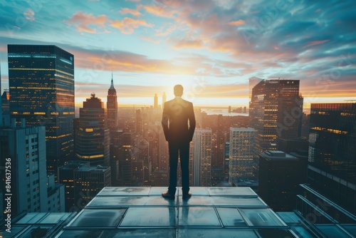 Silhouette of a businessperson standing atop a skyscraper  gazing at the sunrise over an urban skyline