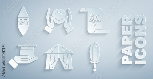 Set Circus tent, Ancient magic book, Magician hat in hand, sword fire, ball on and Wizard warlock icon. Vector