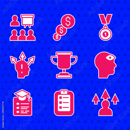Set Award cup, To do list or planning, Front end development, Man with third eye, Online education, Project team base, Medal and Training, presentation icon. Vector