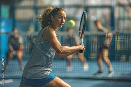 Young woman playing pickleball at the pickleball court