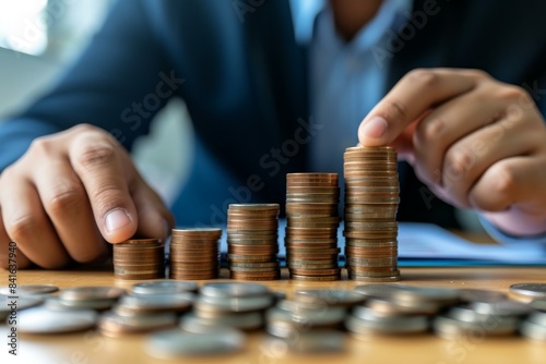 Close-up of a person in a suit stacking coins meticulously on a wooden desk