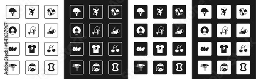 Set Acorn, Genetically modified chicken, Apple, Broccoli, Bottle of olive oil, Vegan pizza slice, Fresh berries and Chicken egg icon. Vector