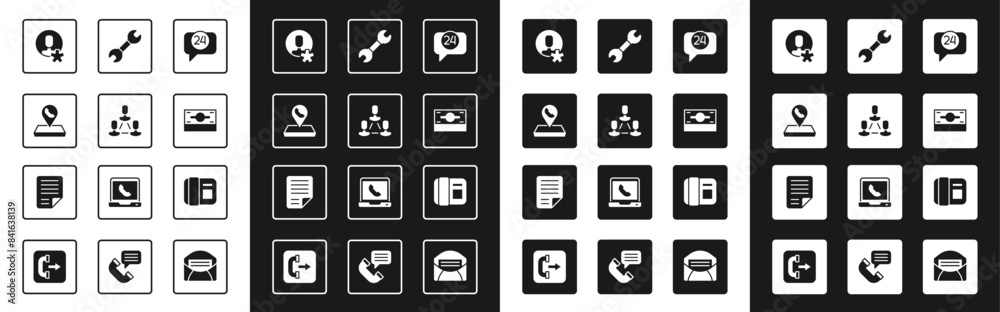 Set Telephone 24 hours support, Employee hierarchy, Call center location, Elected employee, Stacks paper money cash, Wrench spanner, handset and File document icon. Vector Set Telephone 24 hours support, Employee hierarchy, Call center location, Elected employee, Stacks paper money cash, Wrench spanner, handset and File document icon. Vector