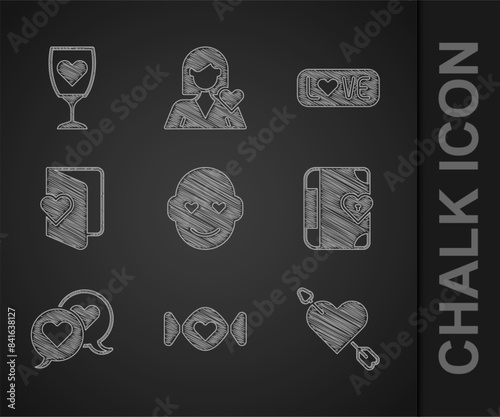 Set Romantic man, Candy, Amour with heart arrow, Love diary, Heart in speech bubble, Valentines day flyer, text and Glass of champagne icon. Vector