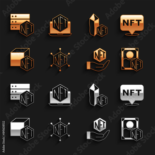 Set NFT blockchain technology, Digital crypto art, and Laptop with store app icon. Vector