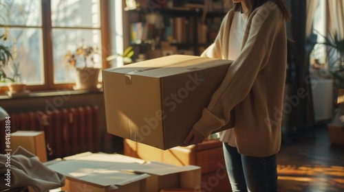 A person carrying a cardboard box in a sunlit room, surrounded by other packed boxes, preparing for a move. © DDOO