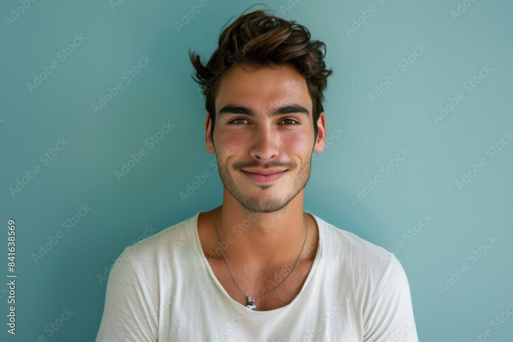 A close up portrait of a young man with a subtle smile A close up portrait of a young man with a subtle smile