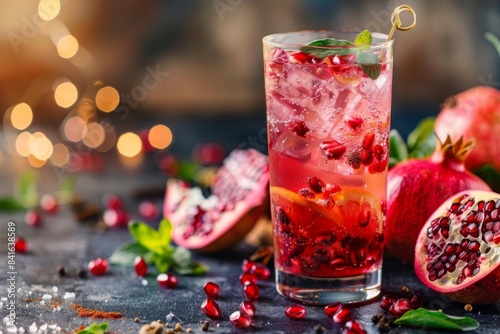 Pomegranate juice with ice and pomegranate seeds on a table