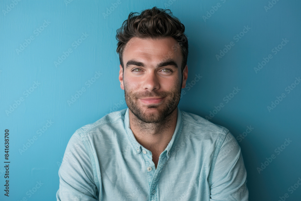 A close up portrait of a young man with a subtle smile