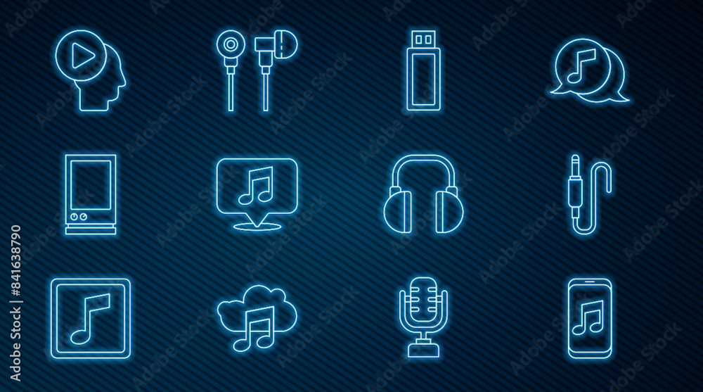 Set line Music player, Audio jack, USB flash drive, Musical note in speech bubble, Voice assistant, Head people with button, Headphones and Air headphones icon. Vector Set line Music player, Audio jack, USB flash drive, Musical note in speech bubble, Voice assistant, Head people with button, Headphones and Air headphones icon. Vector