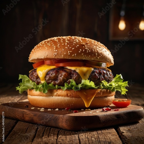 Image of a fast food Cheesy burger served in the restaurant photo