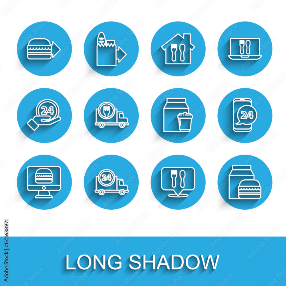 Set line Online ordering and delivery, Fast by car, burger, Cafe restaurant location, Food and icon. Vector Set line Online ordering and delivery, Fast by car, burger, Cafe restaurant location, Food and icon. Vector