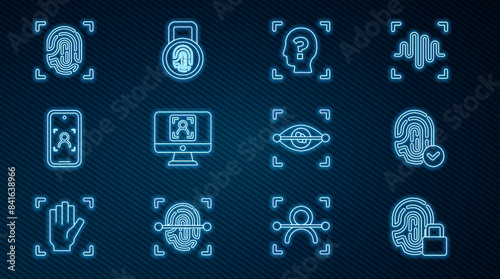 Set line Fingerprint with lock, Face recognition, Mobile and face, Eye scan and icon. Vector