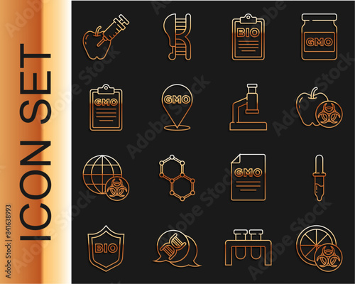 Set line Genetically modified orange, Pipette, apple, Document for bio healthy food, GMO, and Microscope icon. Vector