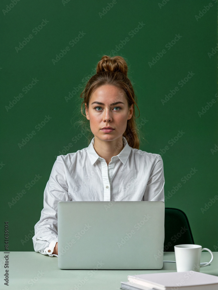 A young woman with laptop on green background. A person with a strong personality A young woman with laptop on green background. A person with a strong personality
