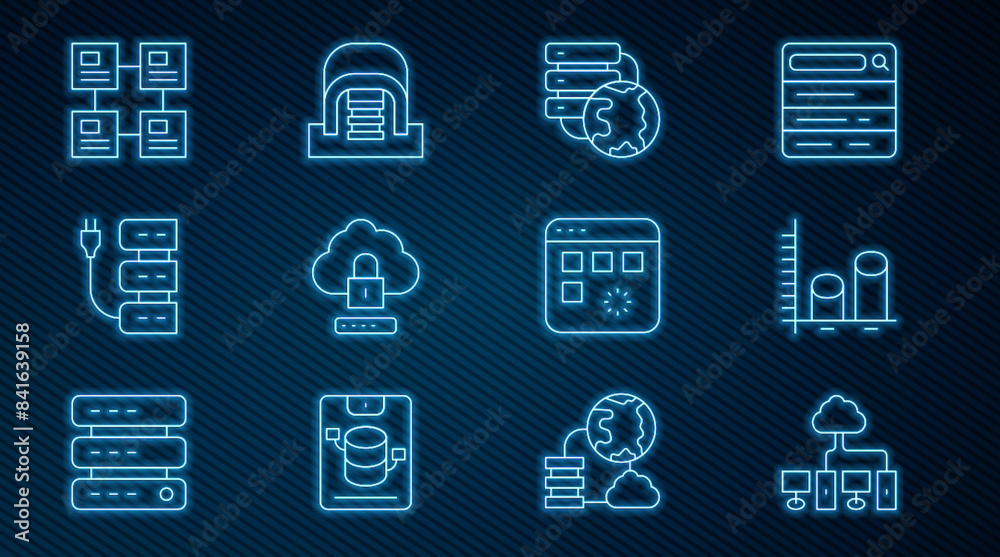 Set line Computer network, Data analysis, Network cloud connection, Cloud computing lock, Server, Hierarchy organogram chart, Loading data window and Hangar with servers icon. Vector Set line Computer network, Data analysis, Network cloud connection, Cloud computing lock, Server, Hierarchy organogram chart, Loading data window and Hangar with servers icon. Vector