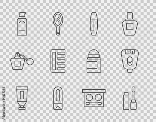 Set line Cream or lotion cosmetic tube, Mascara brush, Bottle of shampoo, Spray can for hairspray, Hairbrush, Eye shadow palette and Epilator icon. Vector