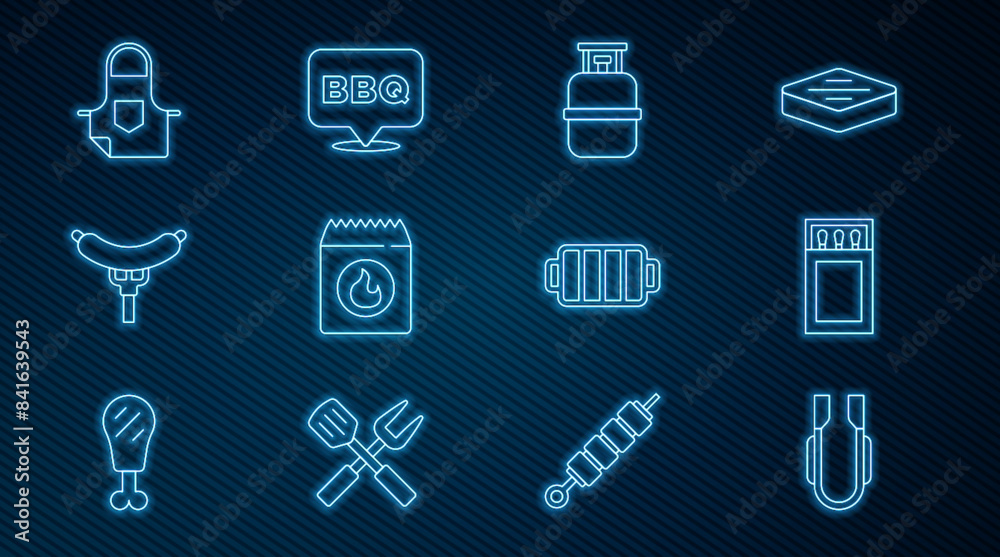 Set line Meat tongs, Matchbox and matches, Propane gas tank, Barbecue coal bag, Sausage the fork, Kitchen apron, grill and icon. Vector