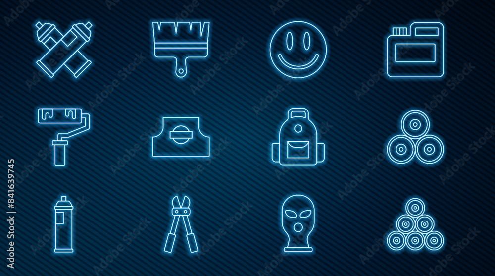 Set line Paint spray can, Smile face, Spray nozzle cap, roller brush, School backpack and icon. Vector Set line Paint spray can, Smile face, Spray nozzle cap, roller brush, School backpack and icon. Vector