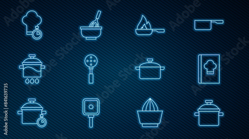 Set line Cooking pot, Cookbook, Frying pan, Spatula, Chef hat, and Kitchen whisk with bowl icon. Vector