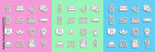 Set line Hot air balloon, Plane, Air conditioner, Diving mask and snorkel, Rubber flippers for swimming, Sunscreen cream tube, spray bottle and Sand castle icon. Vector