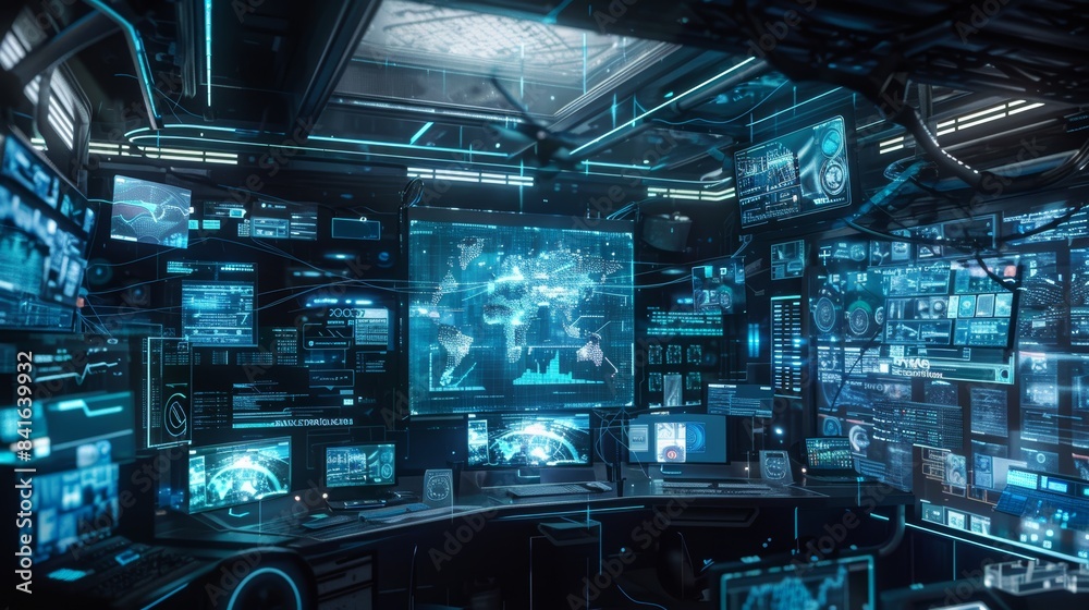 High-Tech Futuristic Workspace with Multiple Screens and Glowing Transparent Cables for Tech Enthusiasts High-Tech Futuristic Workspace with Multiple Screens and Glowing Transparent Cables for Tech Enthusiasts
