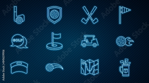 Set line Golf bag with clubs, ball, Crossed golf, hole flag, label, car and shield icon. Vector