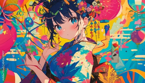 Japanese anime girl in a yukata at a festival, stock market chart in the background, vibrant colors, isolated on white background, copy space