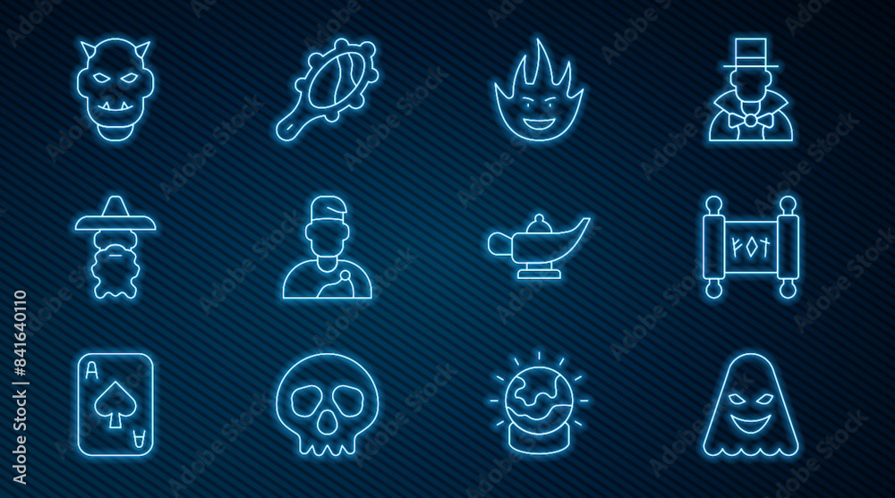 Set line Ghost, Magic scroll, Fire flame, Wizard warlock, Mask of the devil with horns, lamp Aladdin and hand mirror icon. Vector Set line Ghost, Magic scroll, Fire flame, Wizard warlock, Mask of the devil with horns, lamp Aladdin and hand mirror icon. Vector