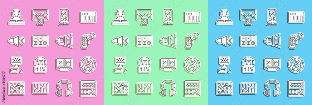 Set line Drum machine, Vinyl disk, Stereo speaker, Speaker volume, DJ playing music and Movie spotlight icon. Vector Set line Drum machine, Vinyl disk, Stereo speaker, Speaker volume, DJ playing music and Movie spotlight icon. Vector