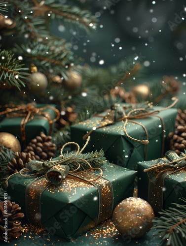 Festive Emerald Green and Gold Christmas Gifts Under Snowy Pine Tree - Close-Up Image