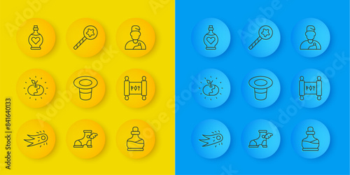 Set line Fireball, Poison apple, Magic hat, Bottle with potion, scroll, love, Wizard warlock and wand icon. Vector