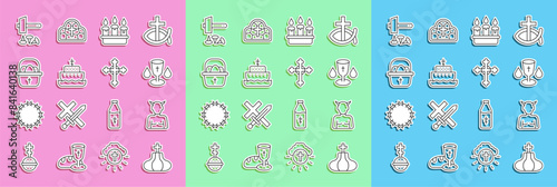 Set line Church tower, Krampus, heck, Christian chalice, Burning candle in candlestick, Ark of noah, Basket with easter eggs, Crucifixion Jesus and cross icon. Vector