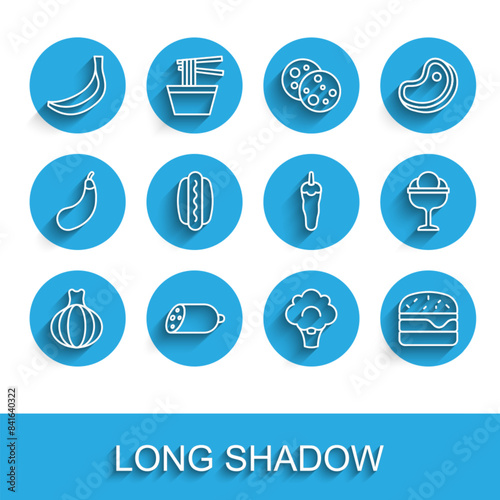 Set line Onion, Salami sausage, Banana, Broccoli, Burger, Hotdog, Ice cream in the bowl and chili pepper icon. Vector