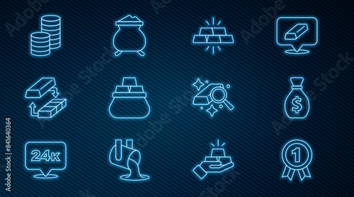 Set line Medal, Old money bag, Gold bars, Bag of gold, exchange, coin, and Molten being poured icon. Vector