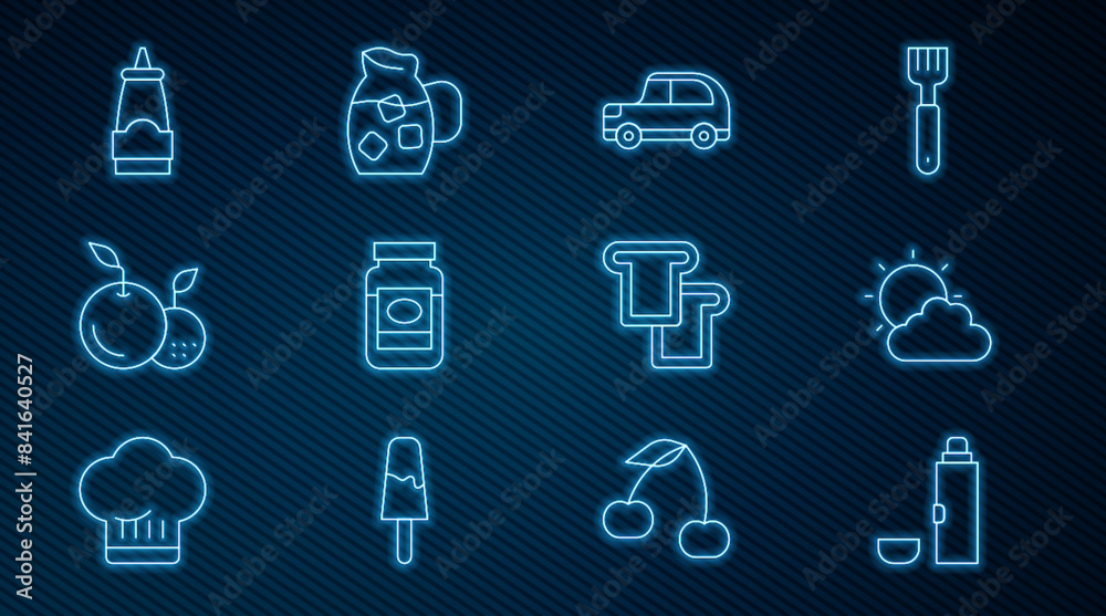 Set line Thermos container, Sun and cloud weather, Car, Jam jar, Fruit, Sauce bottle, Bread toast and Jug glass with water icon. Vector Set line Thermos container, Sun and cloud weather, Car, Jam jar, Fruit, Sauce bottle, Bread toast and Jug glass with water icon. Vector