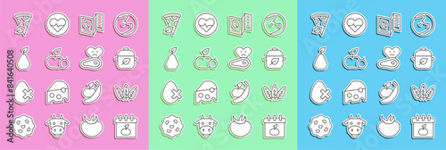 Set line World Vegetarian day, Leaf, Vegan food diet, menu, Apple, Pear, pizza slice and Steak meat icon. Vector