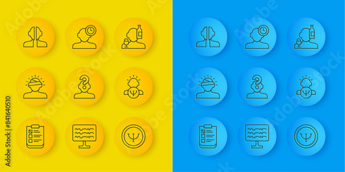 Set line Psychological test, Concussion, headache, Human with question mark, Psychology, Bipolar disorder, Alcoholism and Insomnia icon. Vector