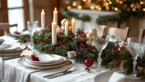Elegant setting of the Christmas dinner table with festive decorations in Scandinavian style