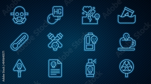 Set line Biohazard symbol, Coffee cup with skull, Poisonous cloud gas or smoke, Bottle potion, Thermometer, Gas mask, Beaker toxic liquid and Drop mercury icon. Vector