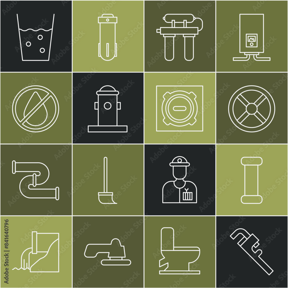 Set line Pipe adjustable wrench, Industry metallic pipe, valve, Water filter, Fire hydrant, drop forbidden, Glass with water and Manhole sewer cover icon. Vector Set line Pipe adjustable wrench, Industry metallic pipe, valve, Water filter, Fire hydrant, drop forbidden, Glass with water and Manhole sewer cover icon. Vector