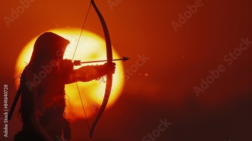 Focused Archer Silhouetted Against Rising Sun for Dramatic Design in Posters or Cards