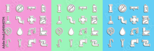 Set line Industry metallic pipe, Toilet bowl, Well, Broken with leaking water, Rubber plunger, and icon. Vector