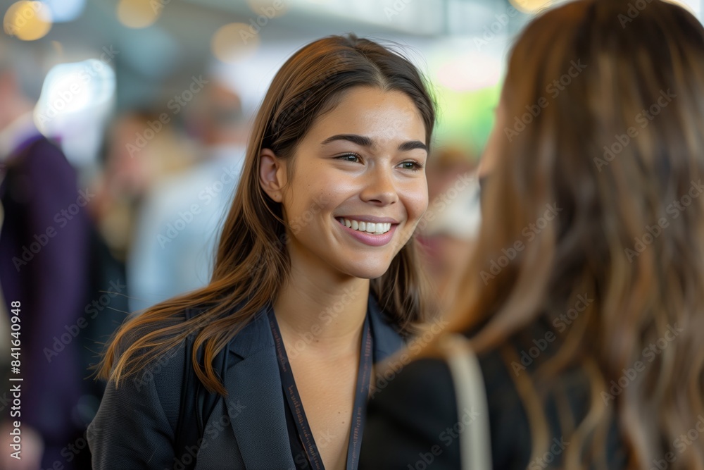 Engaging Female Manager Interacting with Professional Women at International Tech Conference. Smart Casual Attire with Blazer Over White Shirt, Highlighting Expressions Realistic Photojournalistic