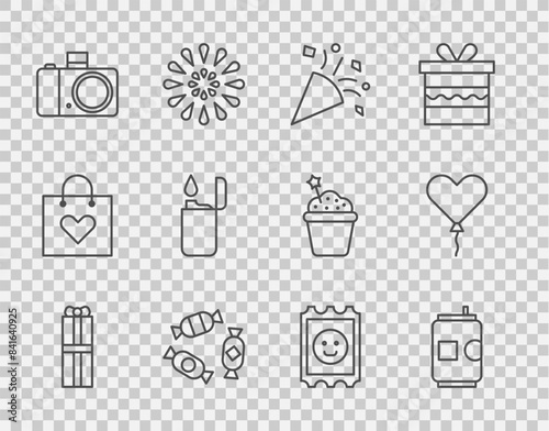 Set line Gift box, Beer can, Festive confetti, Candy, Photo camera, Lighter, LSD acid mark and Balloon in form of heart icon. Vector